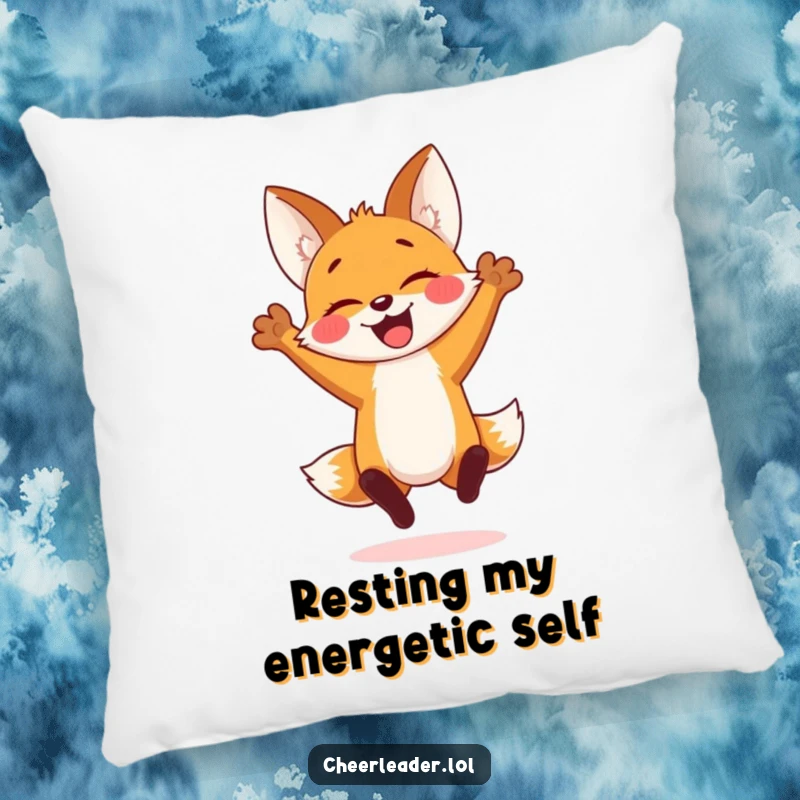 Funny pillow showcasing a cheerful fox cub in a spirited jump with arms raised, offering plush comfort and a cheerful accent.