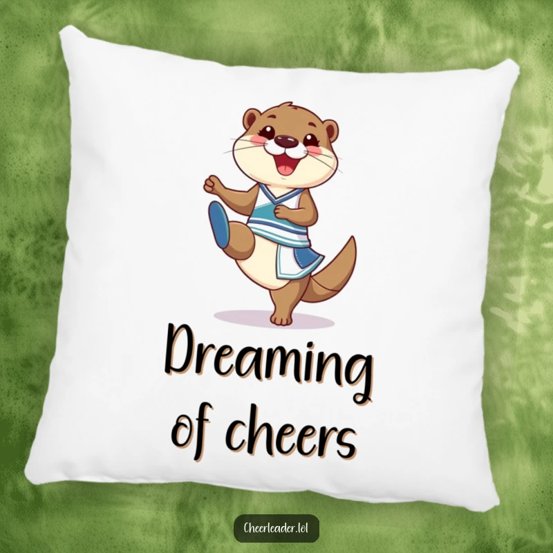 Funny Pillow featuring a grinning otter in a cheerleader outfit doing a high kick, offering comfort and playful charm.