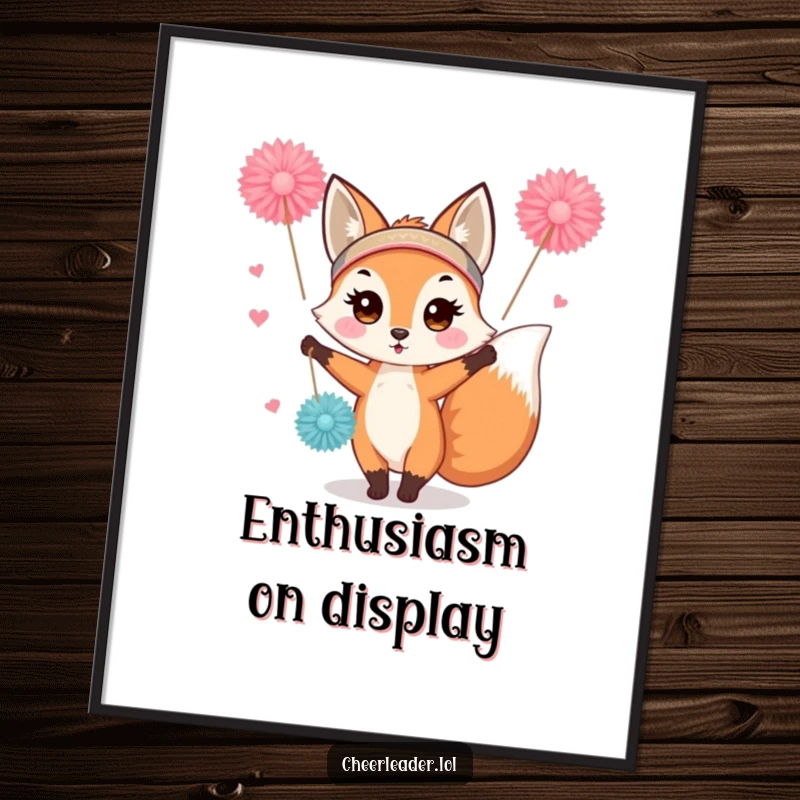 Funny and cute fox in a headband, enthusiastically waving pom-poms, presented as downloadable digital art.