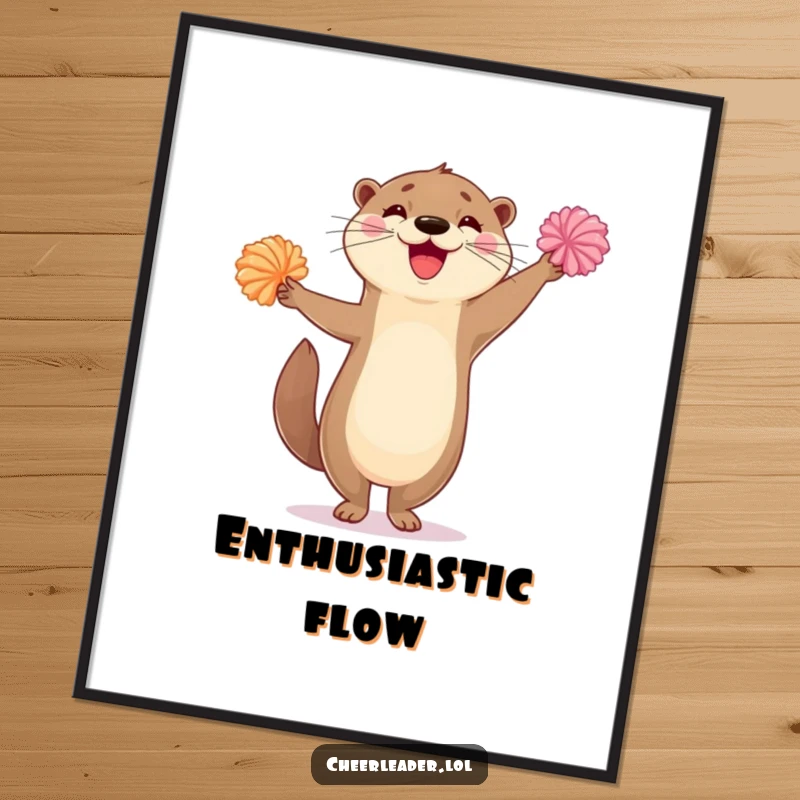 Funny digital art print of a happy otter balancing on one leg, waving pom-poms enthusiastically, capturing pure, comical delight.