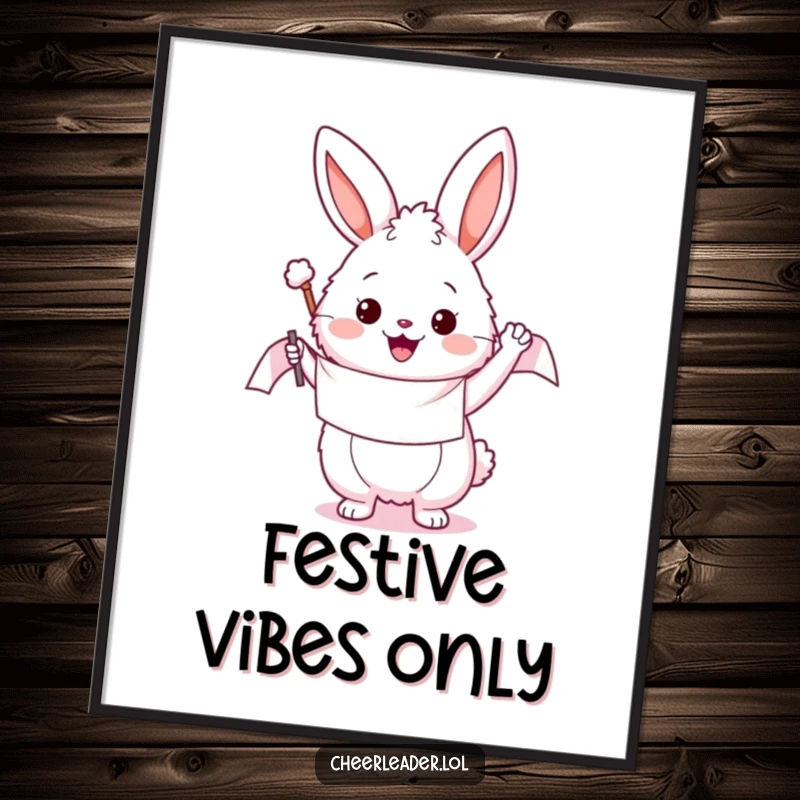 Funny digital art print of a fluffy bunny enthusiastically waving a banner, perfect for instant download and cheerful wall decor.