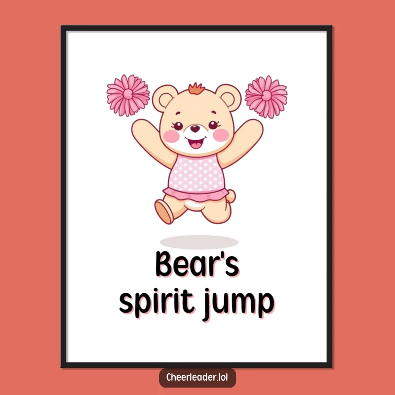 Funny Bear Cheerleader Digital Art: Jumping Bear with Pom-Poms Print, Instant Funny Gift!