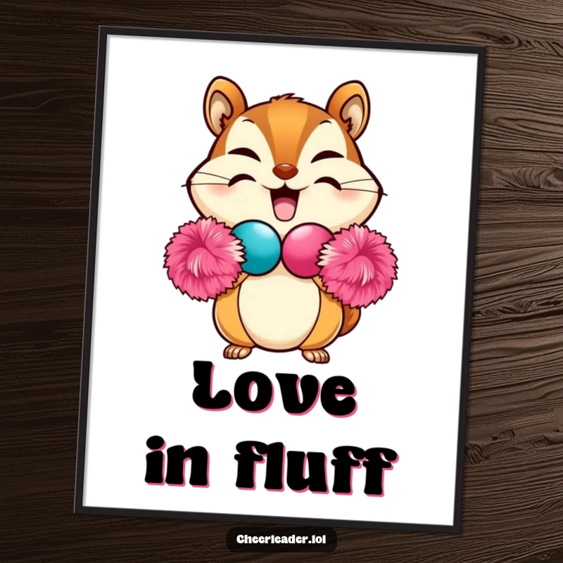 Funny Chipmunk Digital Art Print of a beaming chipmunk forming a heart shape with two pom-poms, cute and heartwarming for instant decor.