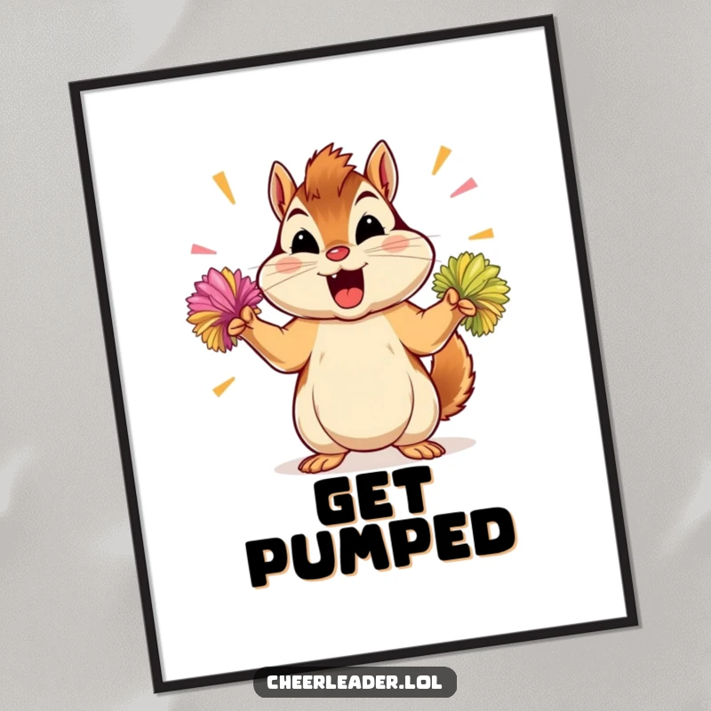 Funny chipmunk digital art print, instantly downloadable, depicting a determined chipmunk shaking energetic pom-poms.