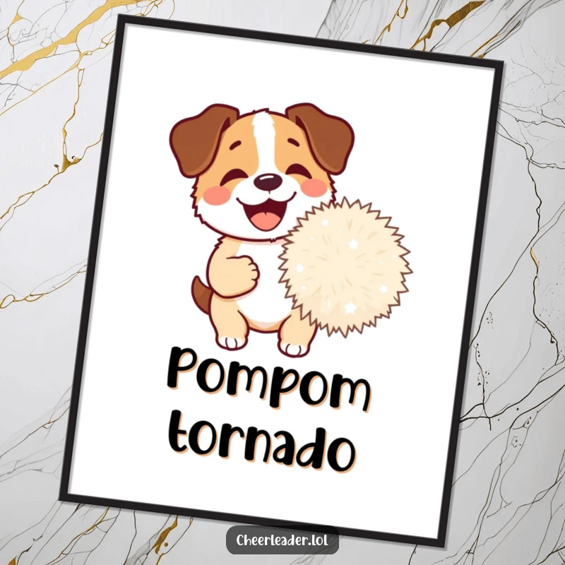 Funny Dog Pom-Pom Digital Art Print featuring a happy dog barking excitedly while holding a giant pom-pom, perfect for instant decor.