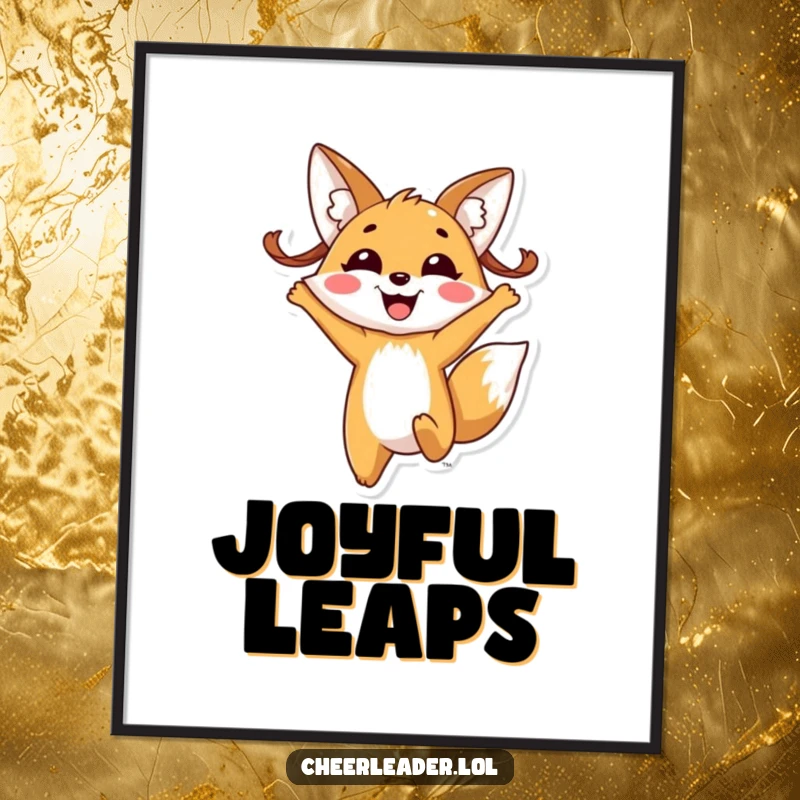 Funny fox pigtails digital art print, featuring a cheerful fox with pigtails enthusiastically jumping high with a wide, contagious smile.