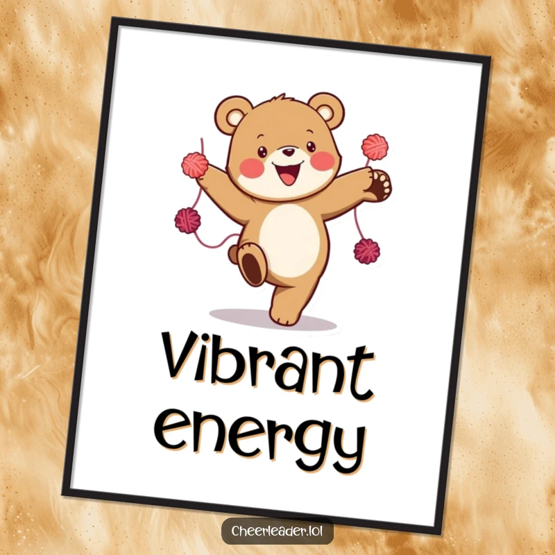 Funny digital art print of a happy bear doing a high kick with colorful yarn pom-poms, capturing a moment of pure, unadulterated joy.