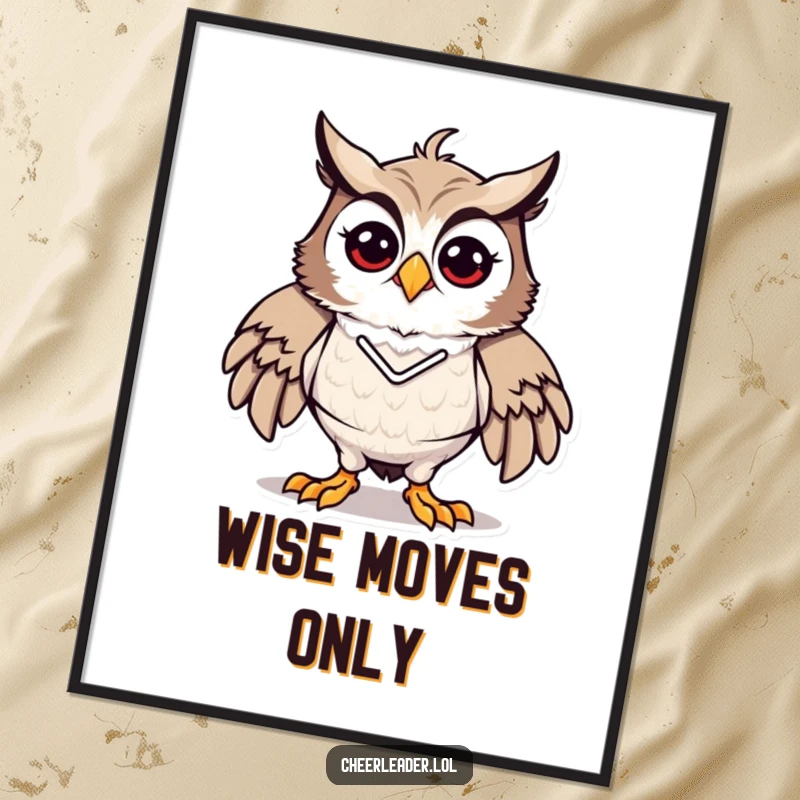Funny digital art of a proud and energetic owl in a cheerleader pose, radiating enthusiasm, ideal funny gift.