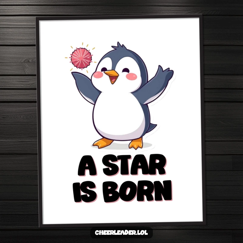 Funny digital art print of a penguin in a dynamic pose, tossing a sparkly pom-pom, creating a sense of theatrical magic and playful energy.