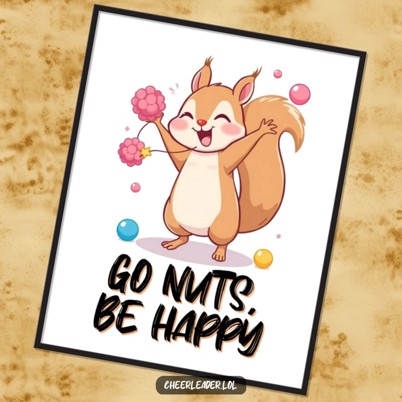 Funny digital art print of a giggling squirrel doing a cartwheel with pom-poms, perfect for energetic and humorous wall decor.