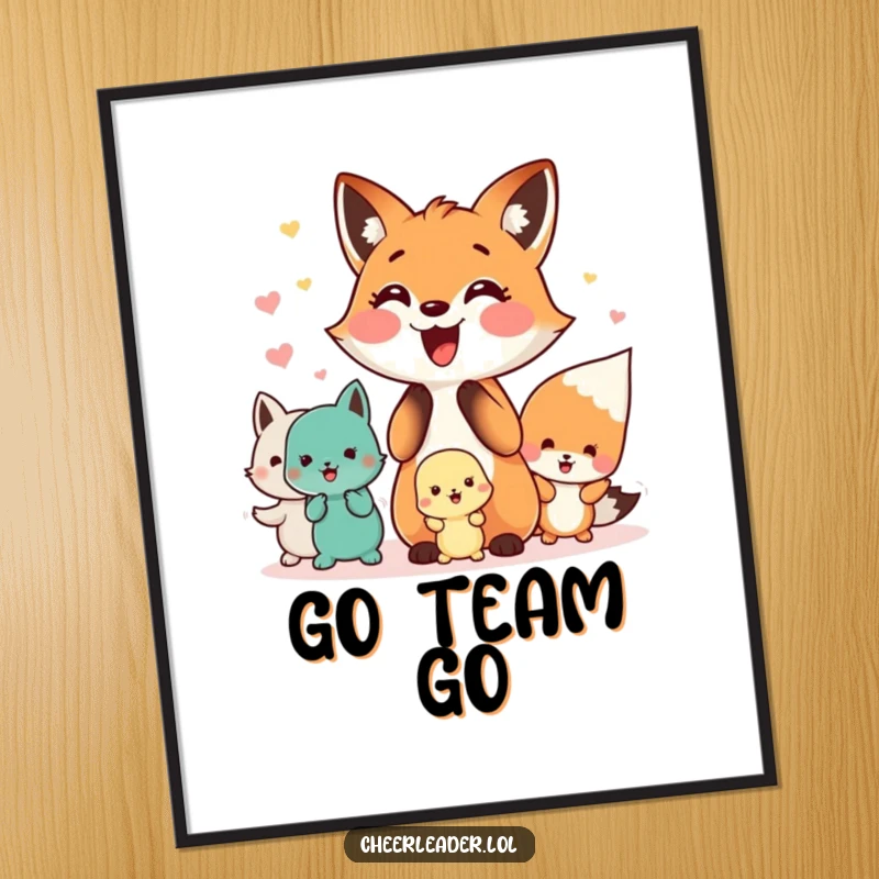 Funny digital art print of a happy fox leading a cheer squad of small animals, embodying pure team joy.