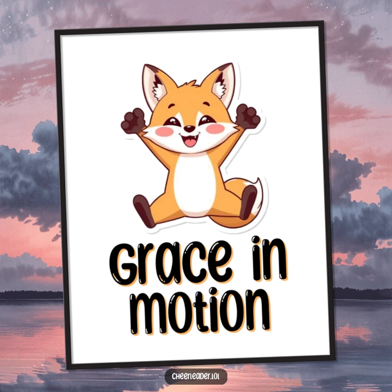 Funny digital art of a triumphant fox performing a split jump with paws raised, conveying pure joy and energy, ideal funny gift.