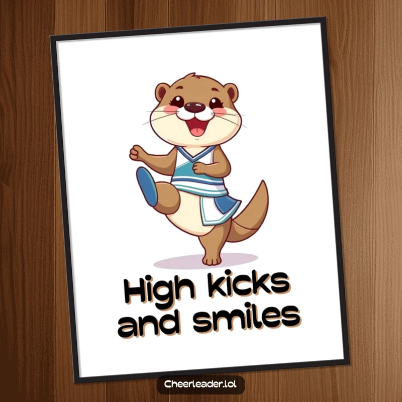 Funny Digital Art Print of a grinning otter in a cheerleader outfit doing a high kick, offering instant fun.