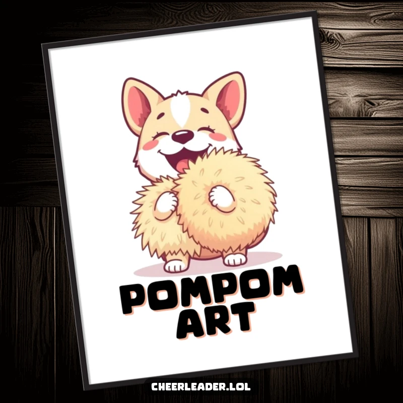 Funny dog digital art print of a happy dog barking loudly while holding a giant pom-pom, delivering immediate cheer.
