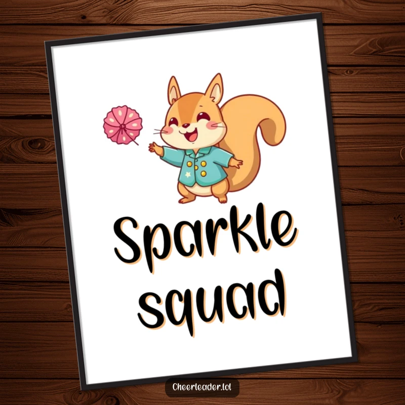Funny squirrel cheerleader digital art print, featuring a squirrel in a sparkly uniform tossing a pom-pom with infectious enthusiasm.