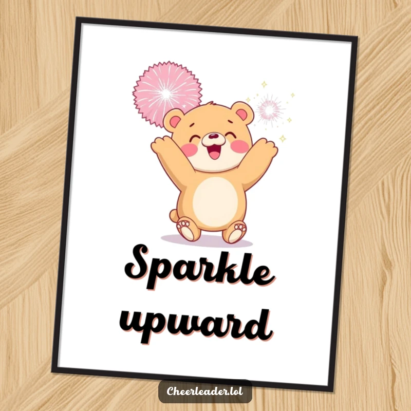 Funny digital art print of a smiling bear cub tossing a giant sparkly pom-pom, embodying pure playful joy.