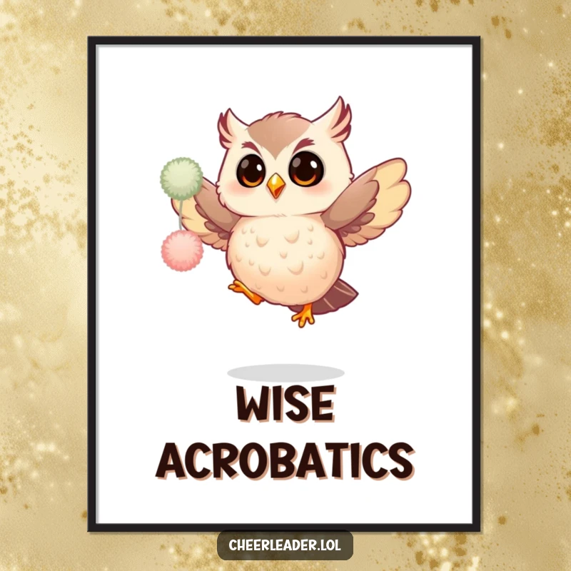 Funny digital art print of a giggling owl mid-action, shaking fluffy pom-poms with immense joy and comical spirit for instant cheer.