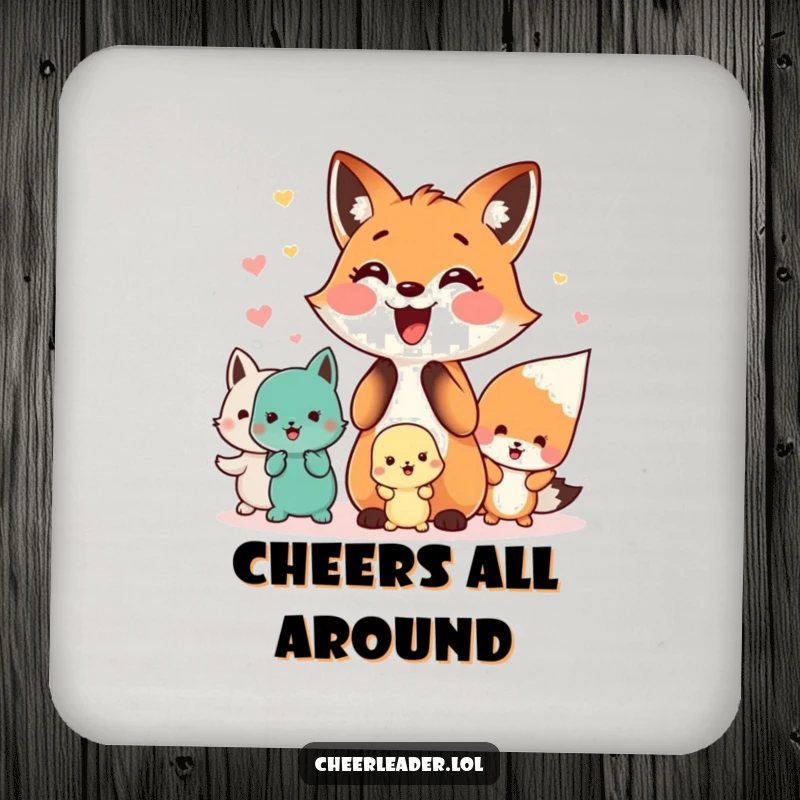 Funny drink coaster with a happy fox leading a cheer squad, protecting surfaces with team spirit.