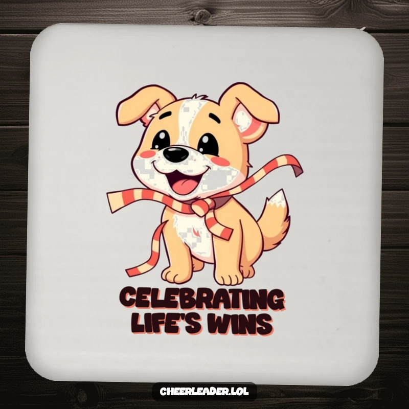 Funny Dog Drink Coaster: A happy dog shakes a striped ribbon, adding festive charm and surface protection.