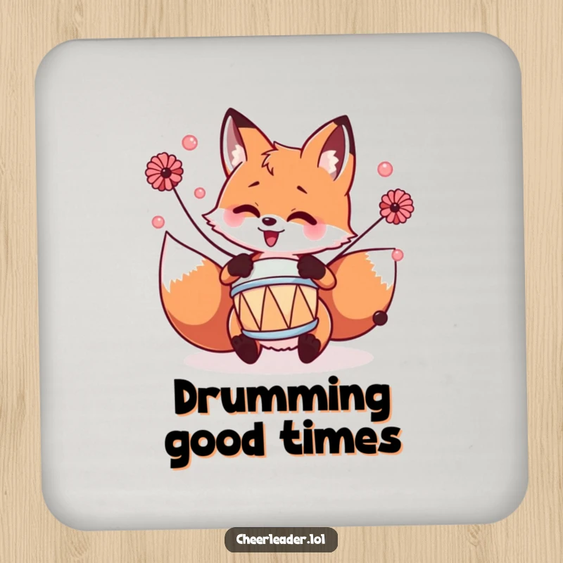 Funny fox playing a tiny drum with pom-poms, creating a musical and humorous design for drink coasters.