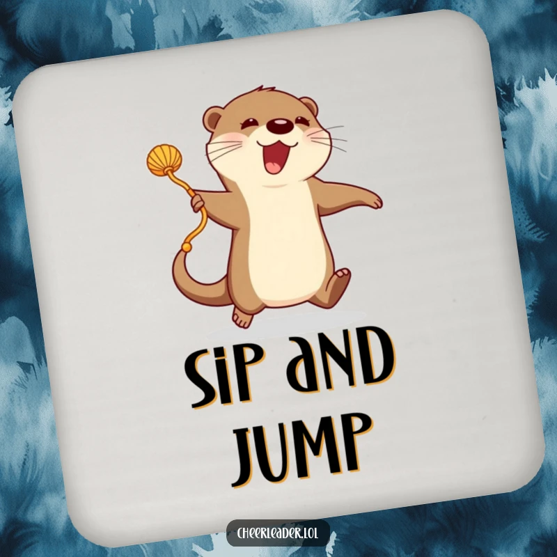 Funny Drink Coaster: An enthusiastic otter jumps rope with a pom-pom, offering protection with playful energy.
