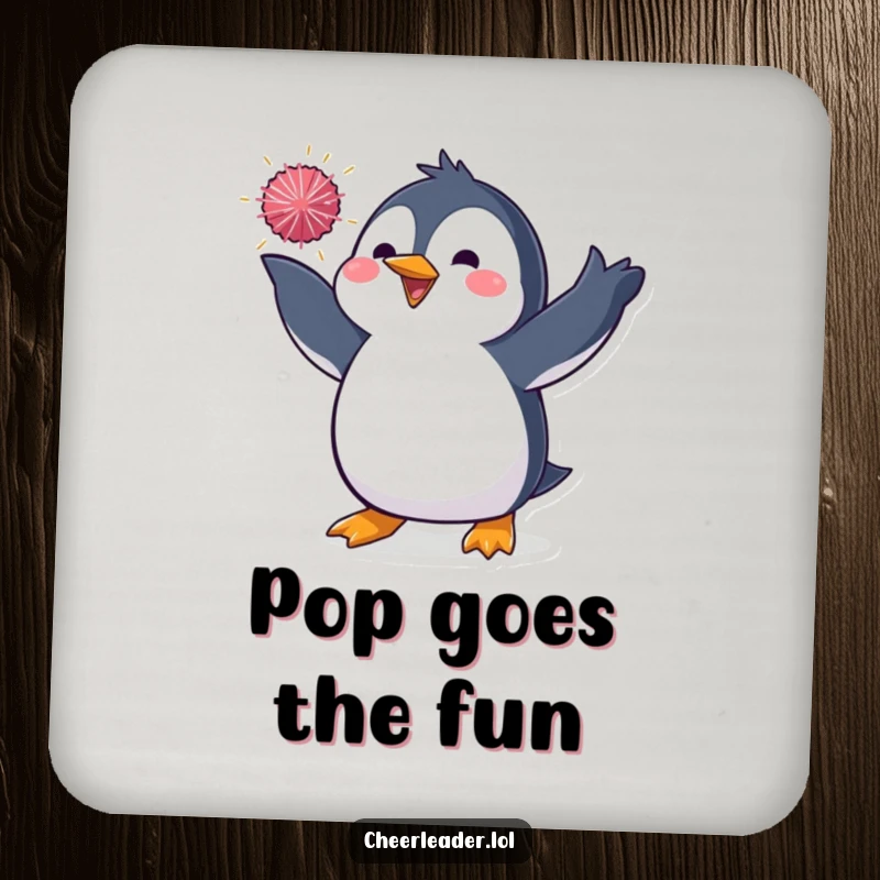 Funny drink coaster with a penguin in a dynamic pose, tossing a sparkly pom-pom, bringing a theatrical and fun touch to surface protection.