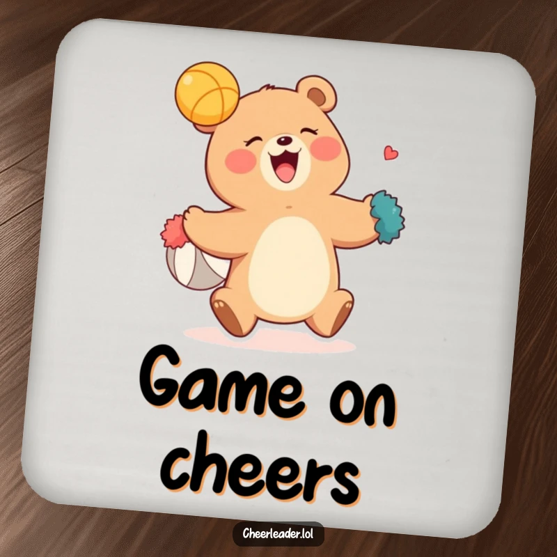Funny drink coaster featuring a giggling bear ready to catch a ball with its pom-poms, adding quirky sports humor to any table.