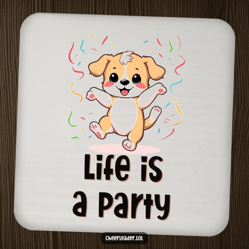 Funny Drink Coasters featuring a puppy doing a cartwheel with streamers, protecting surfaces with a dose of humor.
