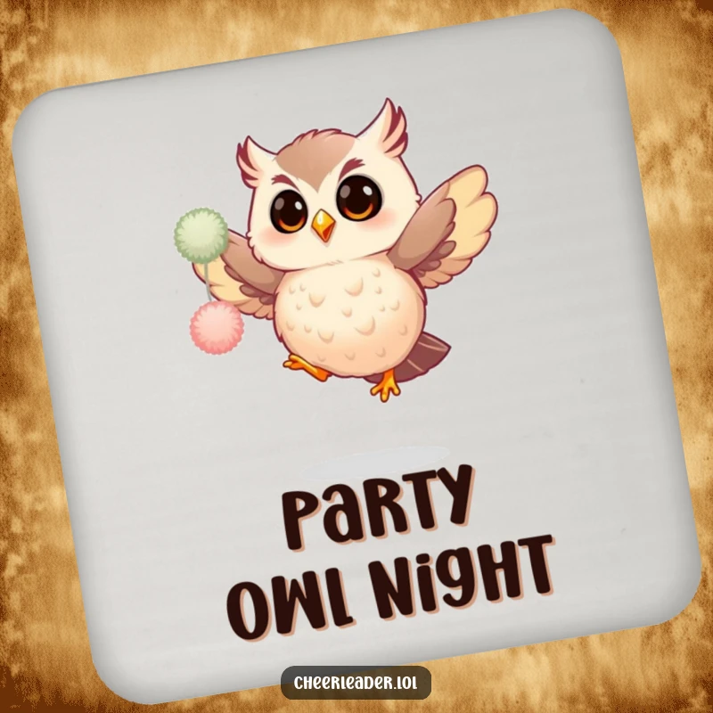 Funny coaster set showcasing a giggling owl energetically performing a spirited jump with fluffy pom-poms, bringing joy to your drinks.