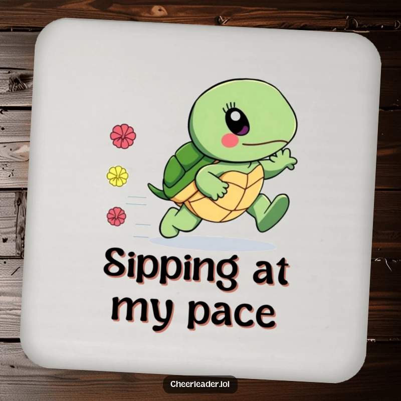 Funny drink coaster with a surprisingly fast turtle and pom-poms trailing, embodying speed and humor, a charming funny gift.