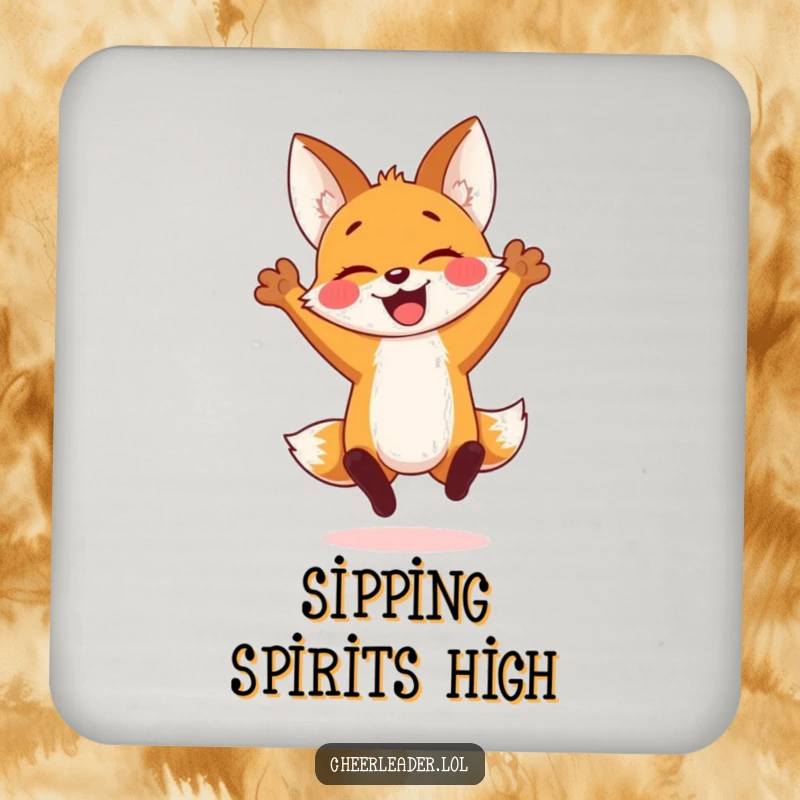 Funny drink coasters featuring a cheerful fox cub in a spirited jump with arms raised, offering playful protection and a joyful accent.