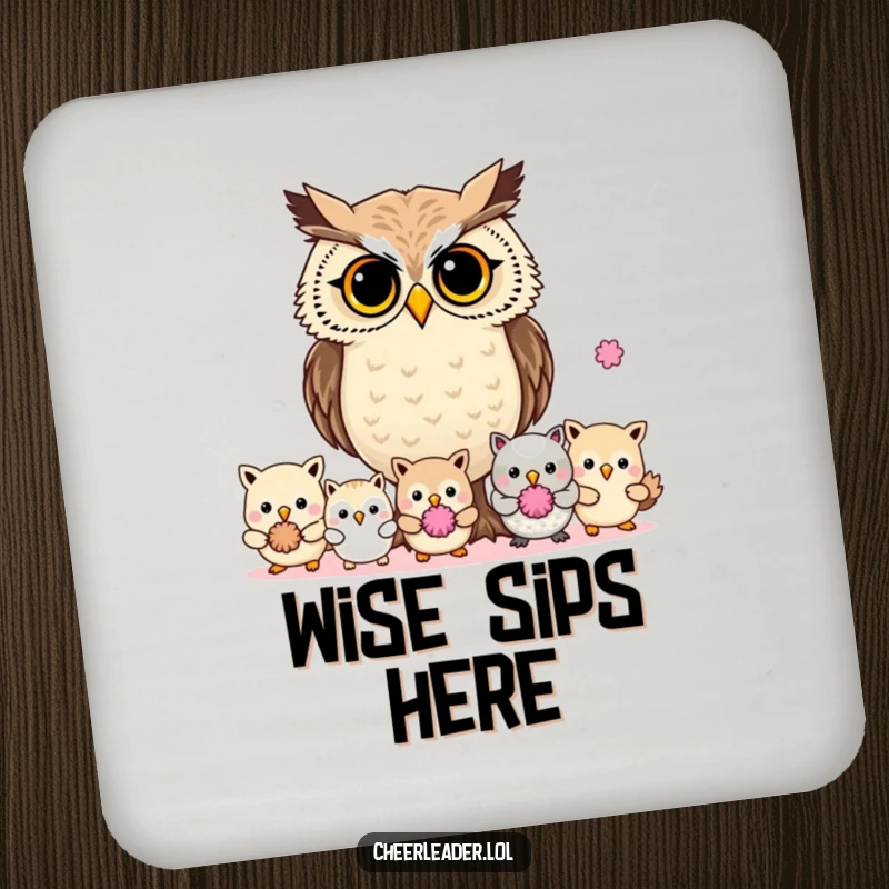Funny determined owl leading animals with pom-poms, on a drink coaster, wise animal graphic.