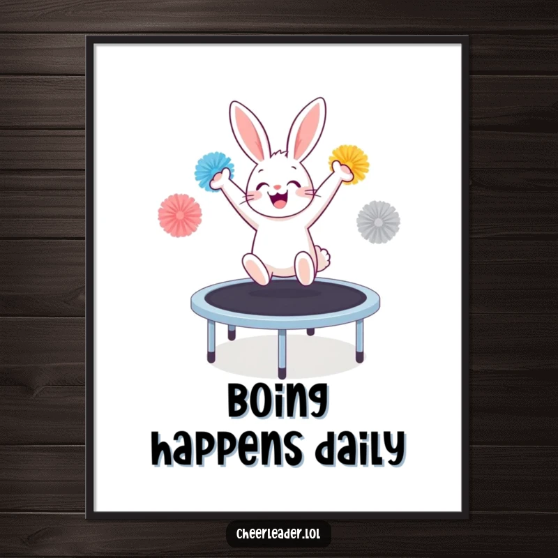 Funny cheering bunny with pom-poms, dynamically jumping on a trampoline, rendered as a vibrant poster print.