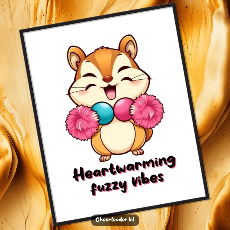 Funny Chipmunk Poster featuring a beaming chipmunk creating a heart shape with two pom-poms, cute and heartwarming wall art for gifting.