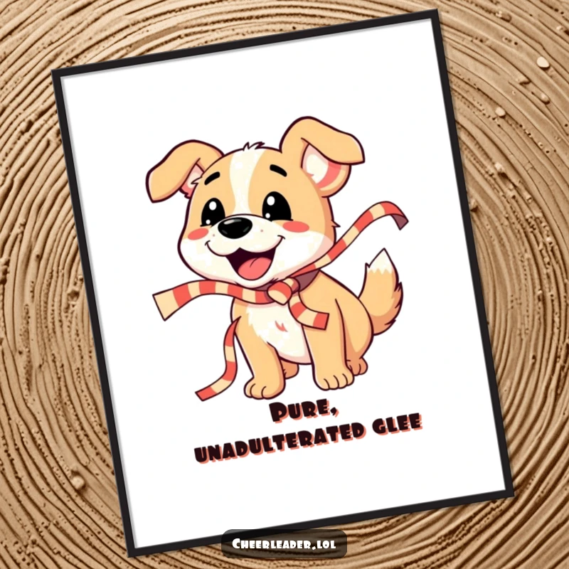 Funny Dog Poster: A smiling dog joyfully barks while shaking a long, striped ribbon, capturing the essence of pure celebration.