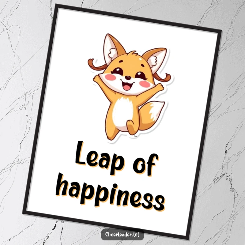 Funny fox pigtails poster, featuring a cheerful fox with pigtails enthusiastically jumping high with a wide, contagious smile.