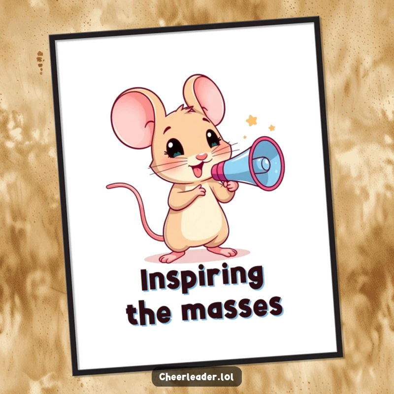 Funny poster art of a curious mouse holding a megaphone, leading a cheer with wide-eyed excitement.