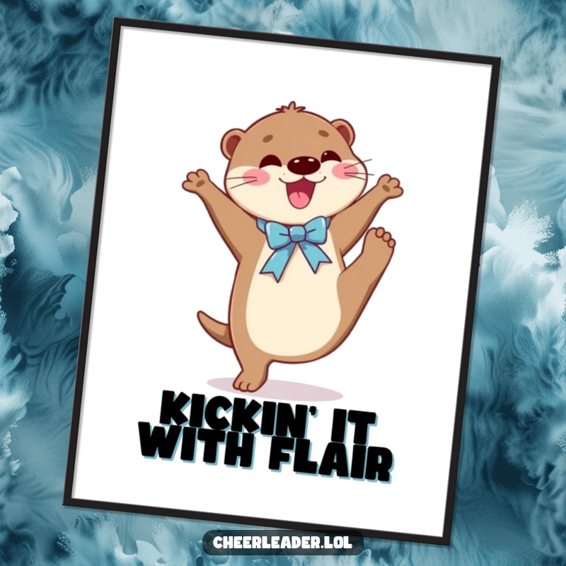Funny poster of a joyful otter wearing a shiny ribbon, performing a dynamic high kick, creating an eye-catching piece of art.
