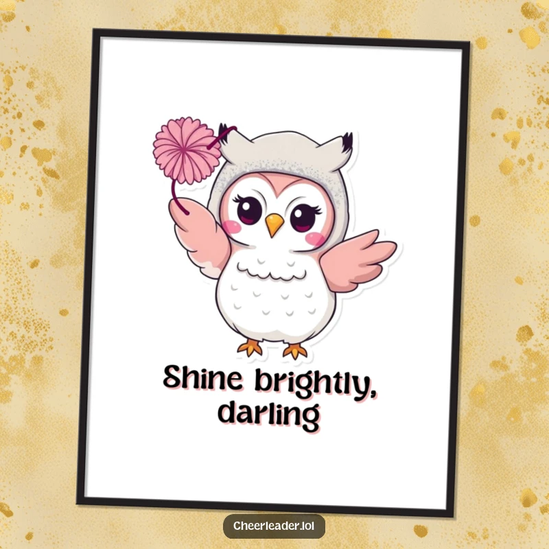Funny smiling owl in a glittery costume, tossing a pom-pom. Vibrant and cheerful wall art.