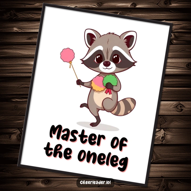 Funny raccoon poster capturing a curious creature balancing on one leg with pom-poms, offering whimsical and humorous wall decor.