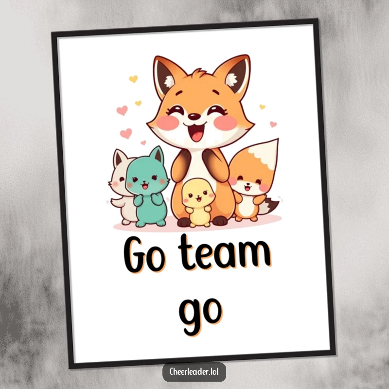 Funny poster art of a happy fox leading a cheer squad of small animals, capturing a moment of pure team joy.
