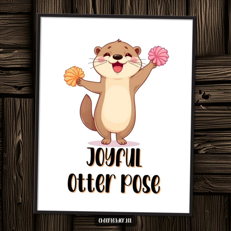 Funny poster print of a joyful otter standing on one leg, waving pom-poms energetically, creating a vibrant and amusing scene.