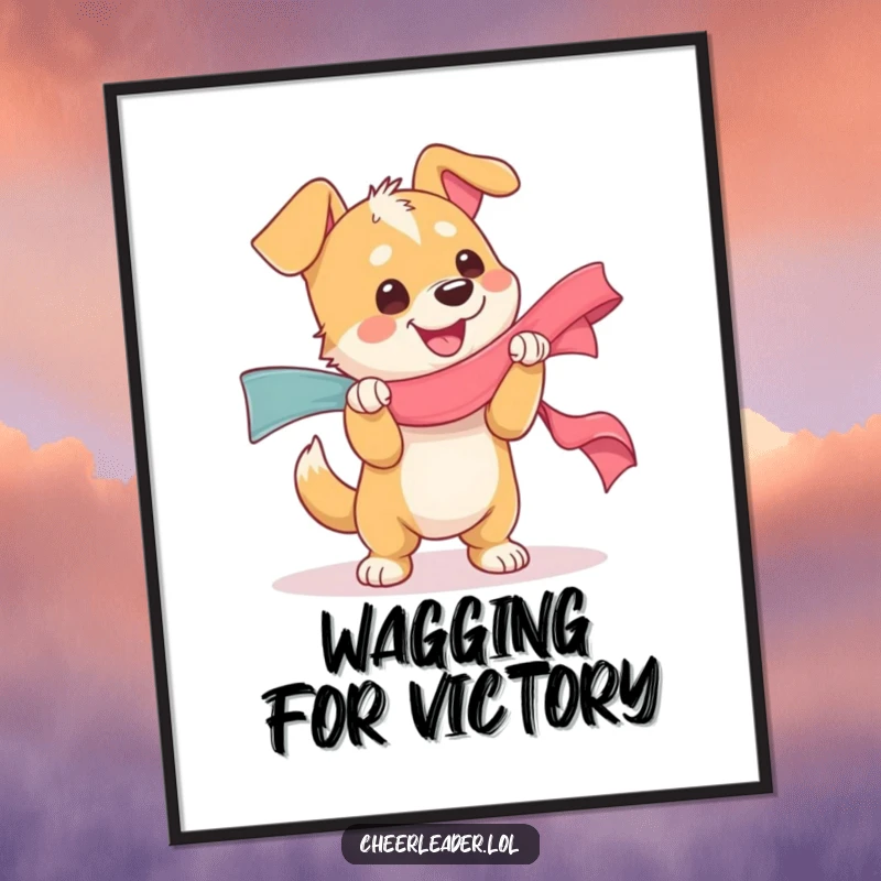 Funny poster illustrating a dog character shaking a giant ribbon with immense glee and excitement, a pure joy funny gift.