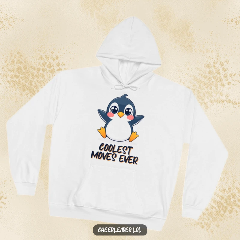Funny hoodie showcasing a penguin executing a perfect split, eyes wide with playful abandon.