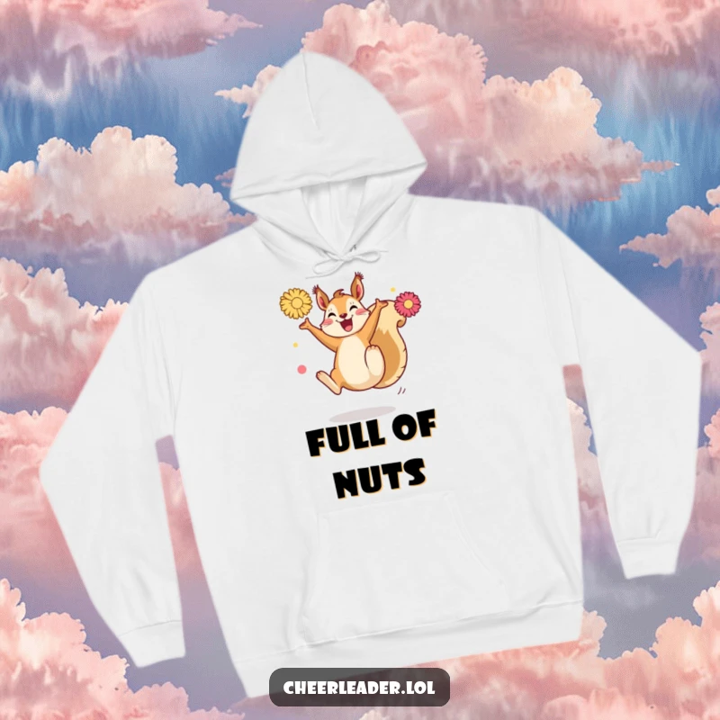 Funny Squirrel Kick Hoodie: A joyful squirrel mid-high kick with pom-poms, radiating energetic and humorous athleticism.