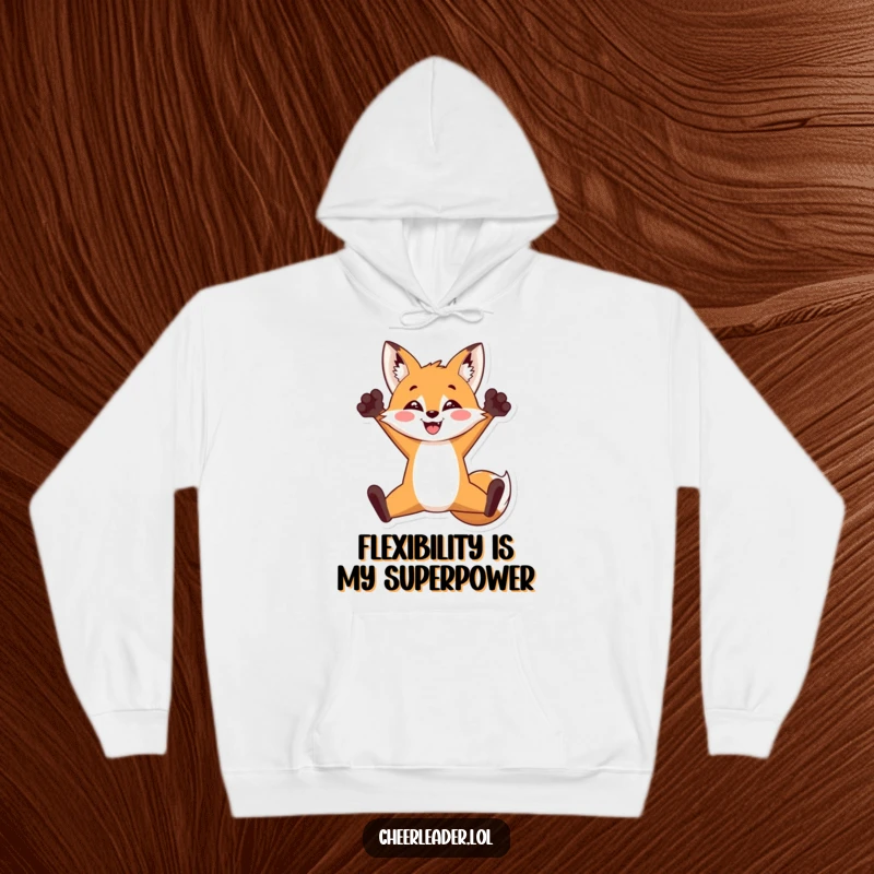 Funny hoodie featuring a triumphant fox doing a split jump with paws raised, exuding joy and warmth, a great funny gift.
