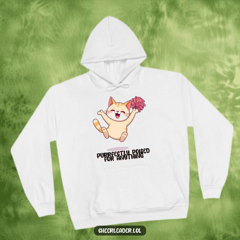 Funny Cat Hoodie: A giggling cat performs a pom-pom flourish during a dynamic mid-air leap, full of playful energy.