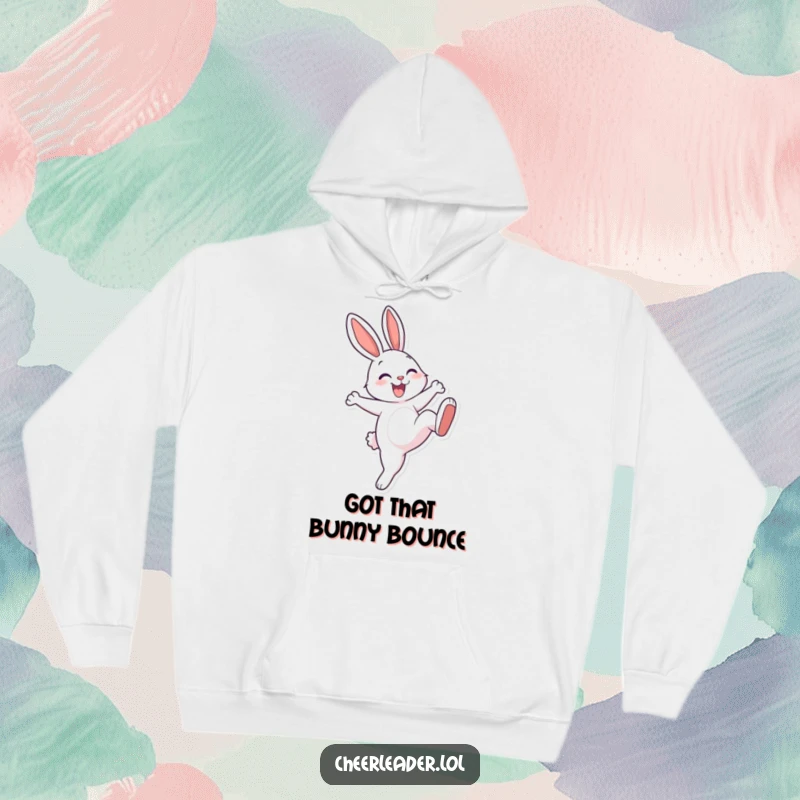 Funny, cheerful rabbit with a big smile doing a high kick, printed on a cozy hoodie. Athletic and fun.