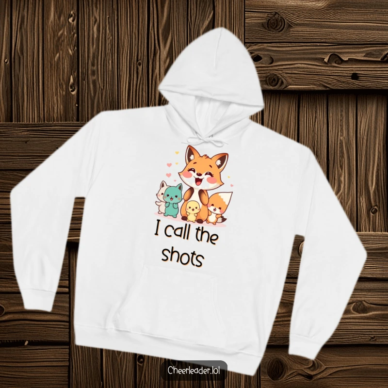 Funny hoodie illustration of a happy fox leading a cheer squad of small animals, embodying leadership and fun.