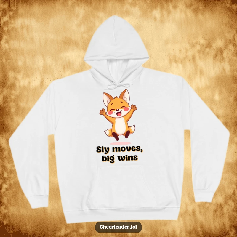 Funny hoodie featuring a cheerful fox cub leaping with arms raised, providing warmth and a dose of infectious enthusiasm for cozy days.